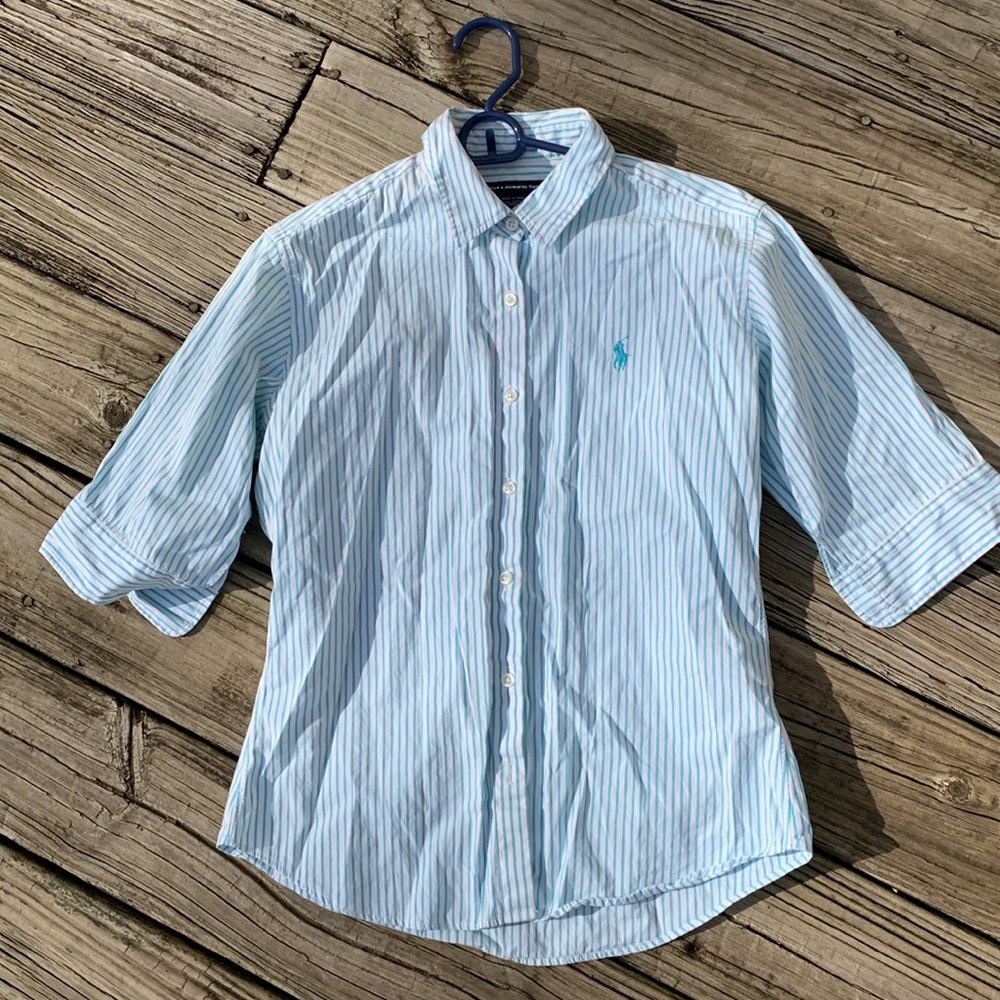 Ralph Lauren Sport Striped Shirt 3/4 sleeves 12 blue white Tailored 100% cotton